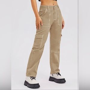 High wait flat pocket whip stitch cargo jeans